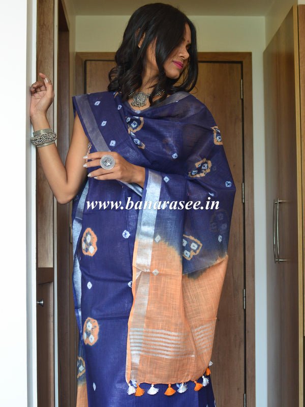 Bhagalpuri Silk Cotton Suit Set With Shibori Dye Design-Blue & Peach