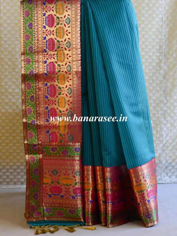 Banarasee Cotton Silk Mix Saree with Broad Paithani Border-Teal