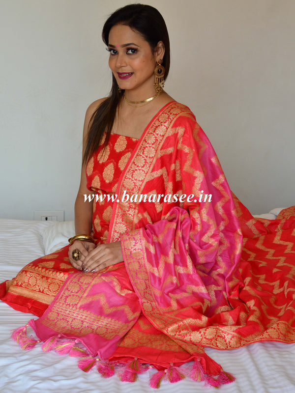 Banarasee Salwar Kameez Glossy Semi Silk Fabric With Zari Jaal Design-Orange & Pink