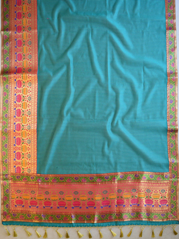 Banarasee Cotton Silk Mix Saree with Broad Paithani Border-Teal