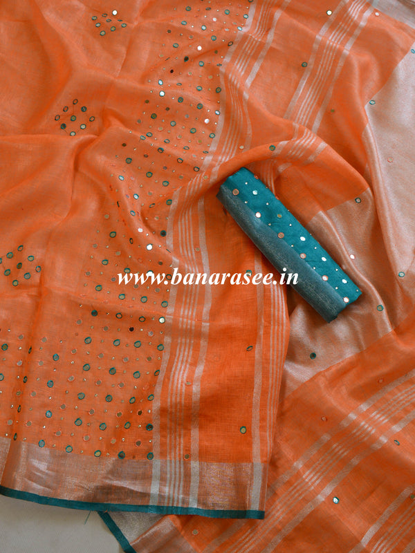 Banarasee Handloom Pure Linen Saree With Mirror Work-Orange & Green