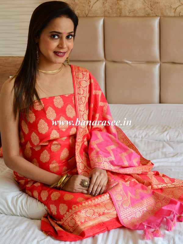 Banarasee Salwar Kameez Glossy Semi Silk Fabric With Zari Jaal Design-Orange & Pink