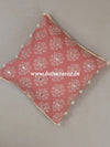 Mul Cotton Sanganeri Print Mirror Work & Pom-Pom Detail Cushion Cover-Salmon Pink