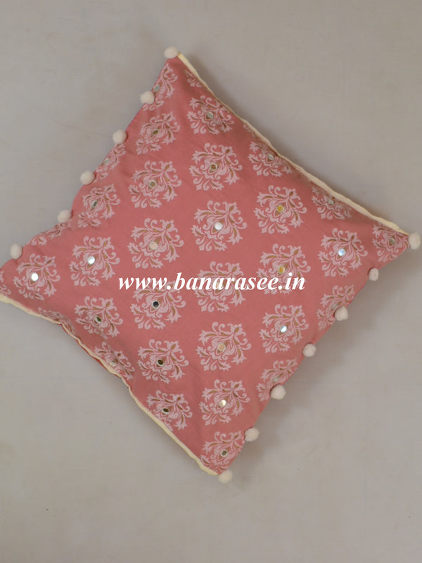 Mul Cotton Sanganeri Print Mirror Work & Pom-Pom Detail Cushion Cover-Salmon Pink