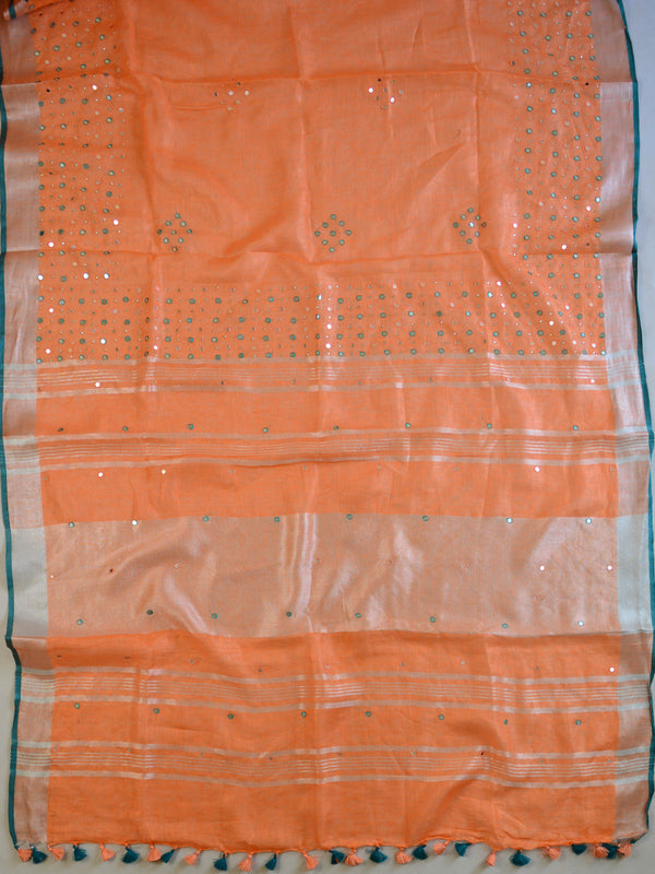 Banarasee Handloom Pure Linen Saree With Mirror Work-Orange & Green