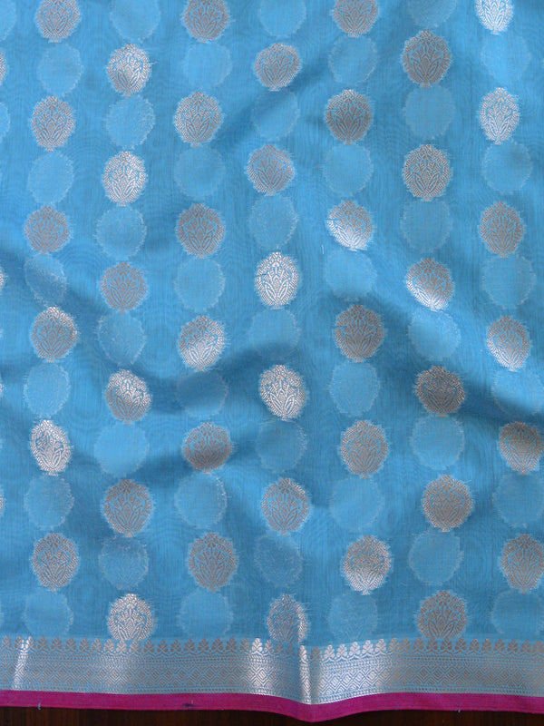 Banarasee Chanderi Salwar Kameez Fabric & Dupatta With Silver Zari-Blue & Yellow