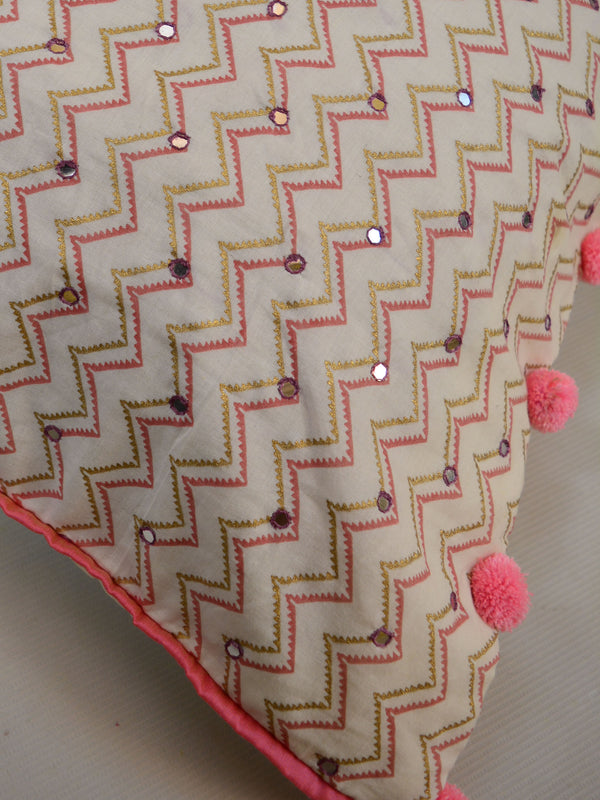 Mul Cotton Sanganeri Print Mirror Work & Pom-Pom Detail Cushion Cover-White