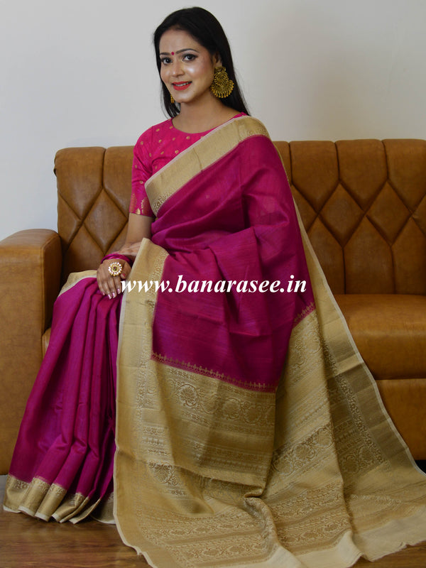 Banarasee Handwoven Pure Muga Silk Sari With Floral Border & Pallu-Magenta