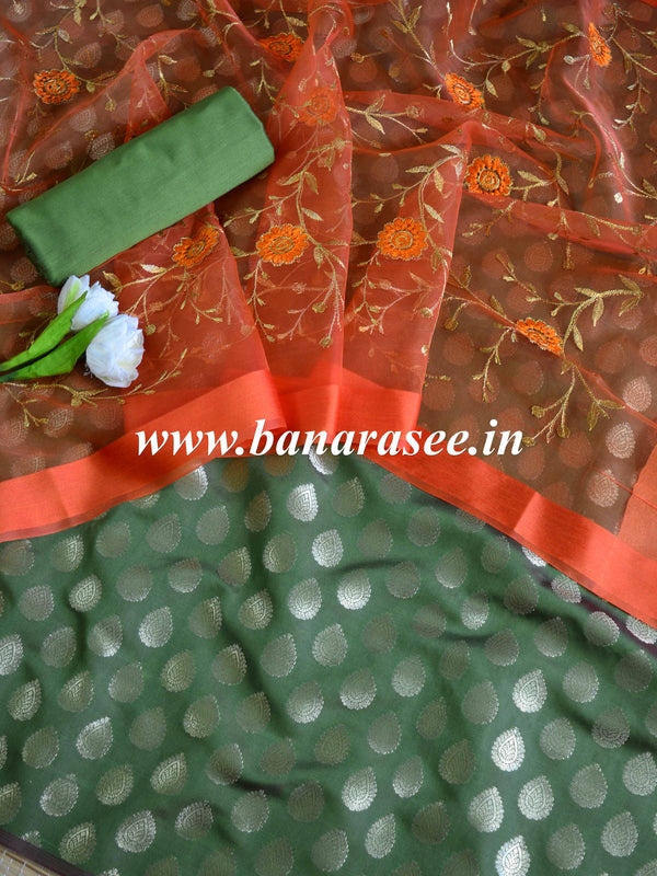 Banarasee Brocade Salwar Kameez Fabric With Organza Dupatta-Green & Orange