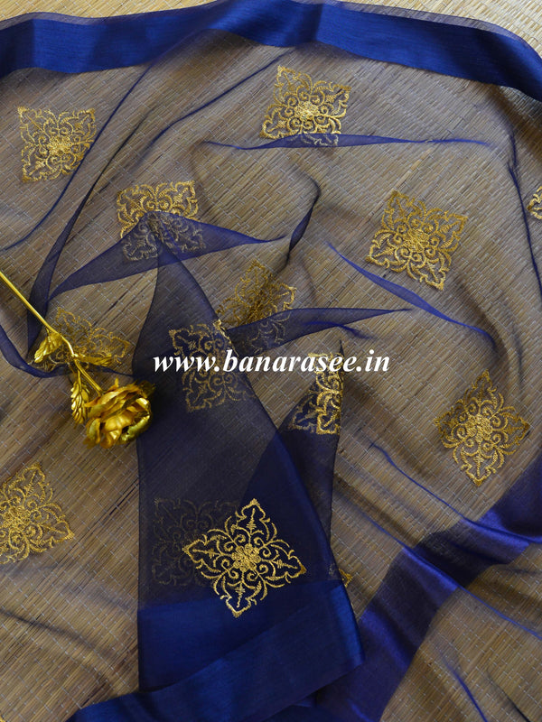 Banarasee Embroidered Gold Buta Design Organza Dupatta-Blue