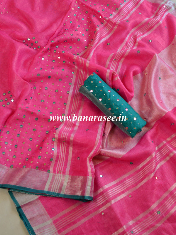 Banarasee Handloom Pure Linen Saree With Mirror Work-Pink & Green