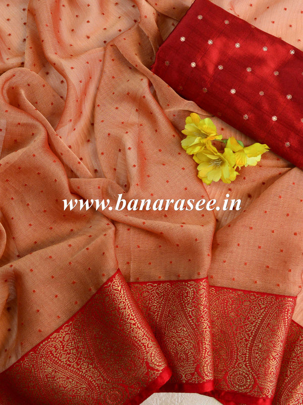 Banarasee Chiffon Blend Saree With Buti Work Zari Border & Brocade Blouse-Rose Pink & Red