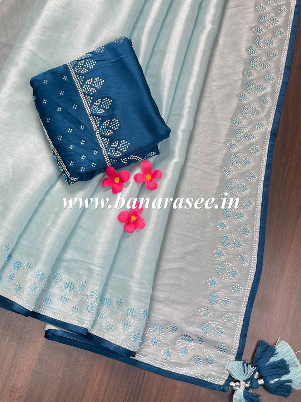 Banarasee Handwoven Plain Tissue Silk Swarovski Work Saree With Silk Blouse-Pastel Blue