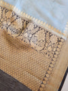 Banarasee Handloom Pure Linen Cotton Gold Zari Saree-Grey & Black