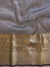 Banarasee Handloom Pure Linen Cotton Gold Zari Saree-Grey & Black