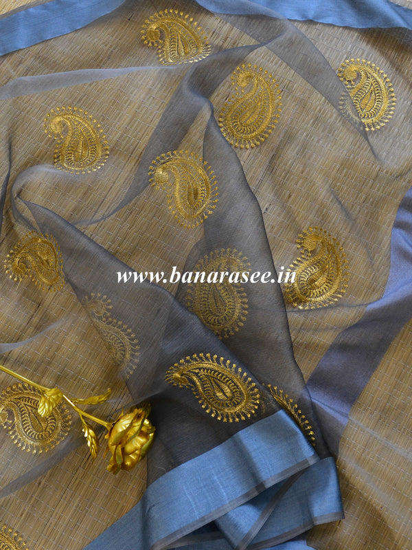 Banarasee Embroidered Gold Buta Design Organza Dupatta-Grey