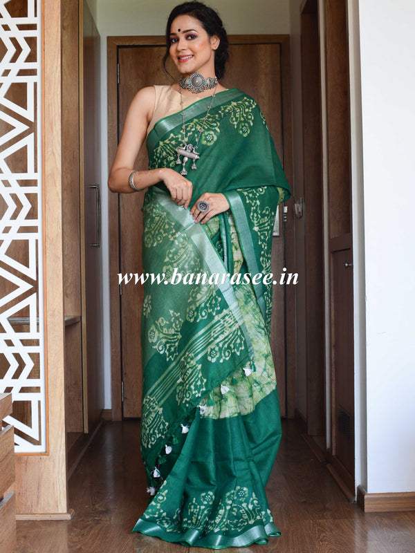 Bhagalpur Handloom Pure Linen Cotton Hand-Dyed Batik Pattern Saree-Green