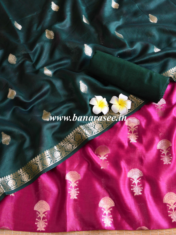 Banarasee Pure Chanderi Silk Zari Buti Salwar Kameez Set-Wine & Green