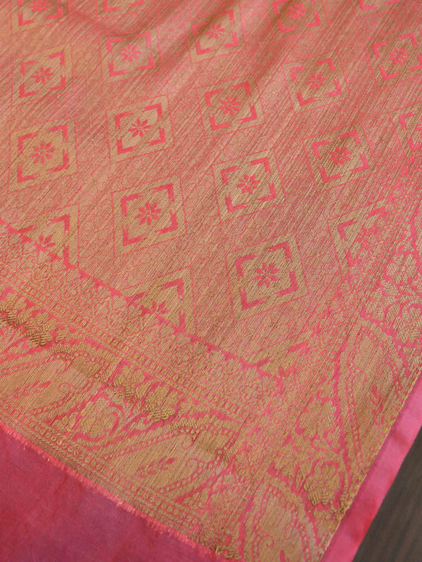 Banarasee Handwoven Semi Silk Saree With Zari Buta Design-Peach & Green