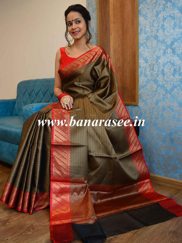 Banarasee Kora Muslin Saree With Contrast Skirt Border-Black & Red