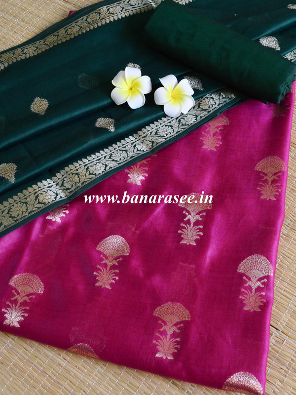 Banarasee Pure Chanderi Silk Zari Buti Salwar Kameez Set-Wine & Green