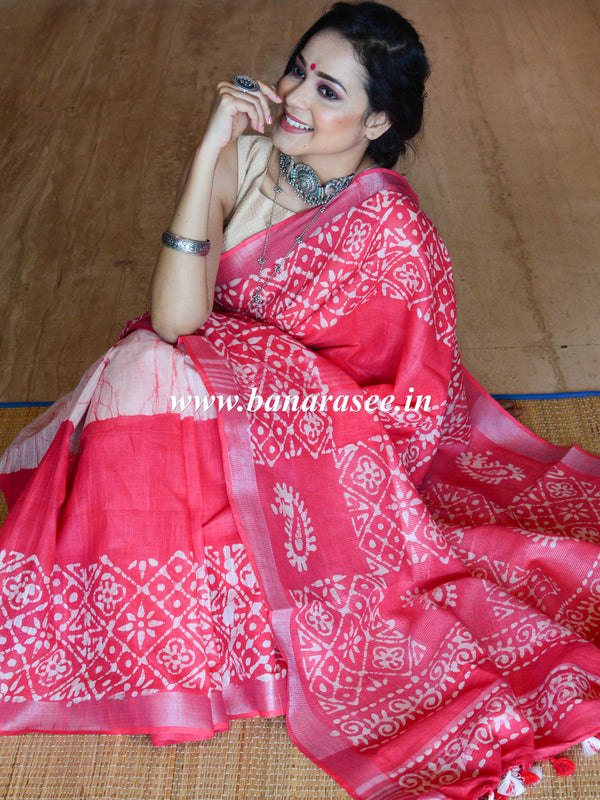 Bhagalpur Handloom Pure Linen Cotton Hand-Dyed Batik Pattern Saree-Red