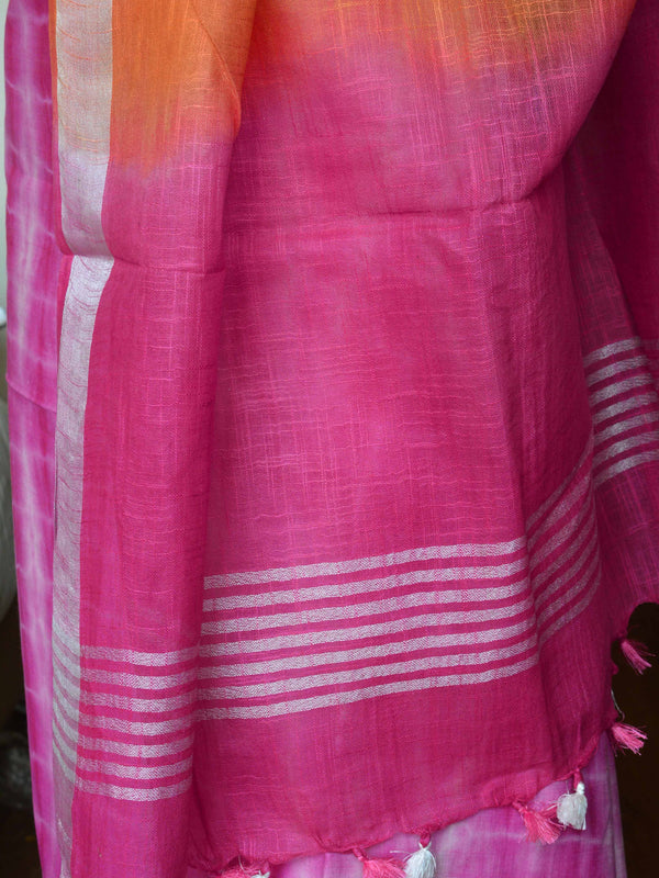 Bhagalpuri Silk Cotton Suit Set With Shibori Dye Design-Orange & Pink