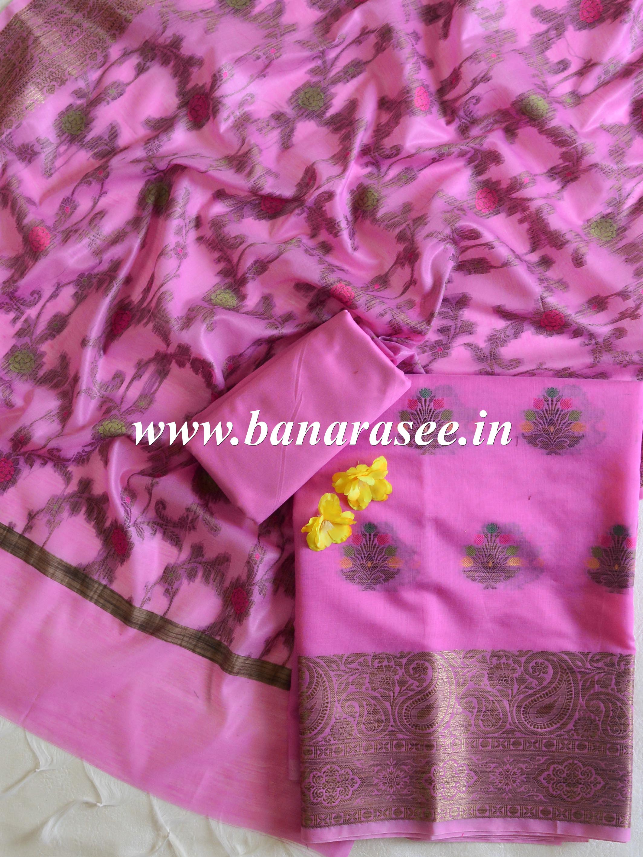 Banarasee Chanderi Cotton Salwar Kameez Fabric With Ghiccha Work-Pink