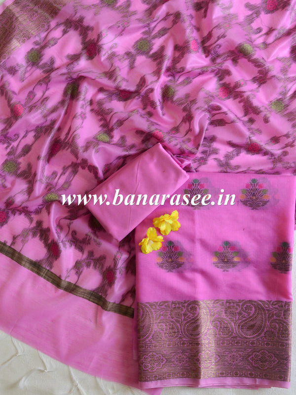 Banarasee Chanderi Cotton Salwar Kameez Fabric With Ghiccha Work-Pink
