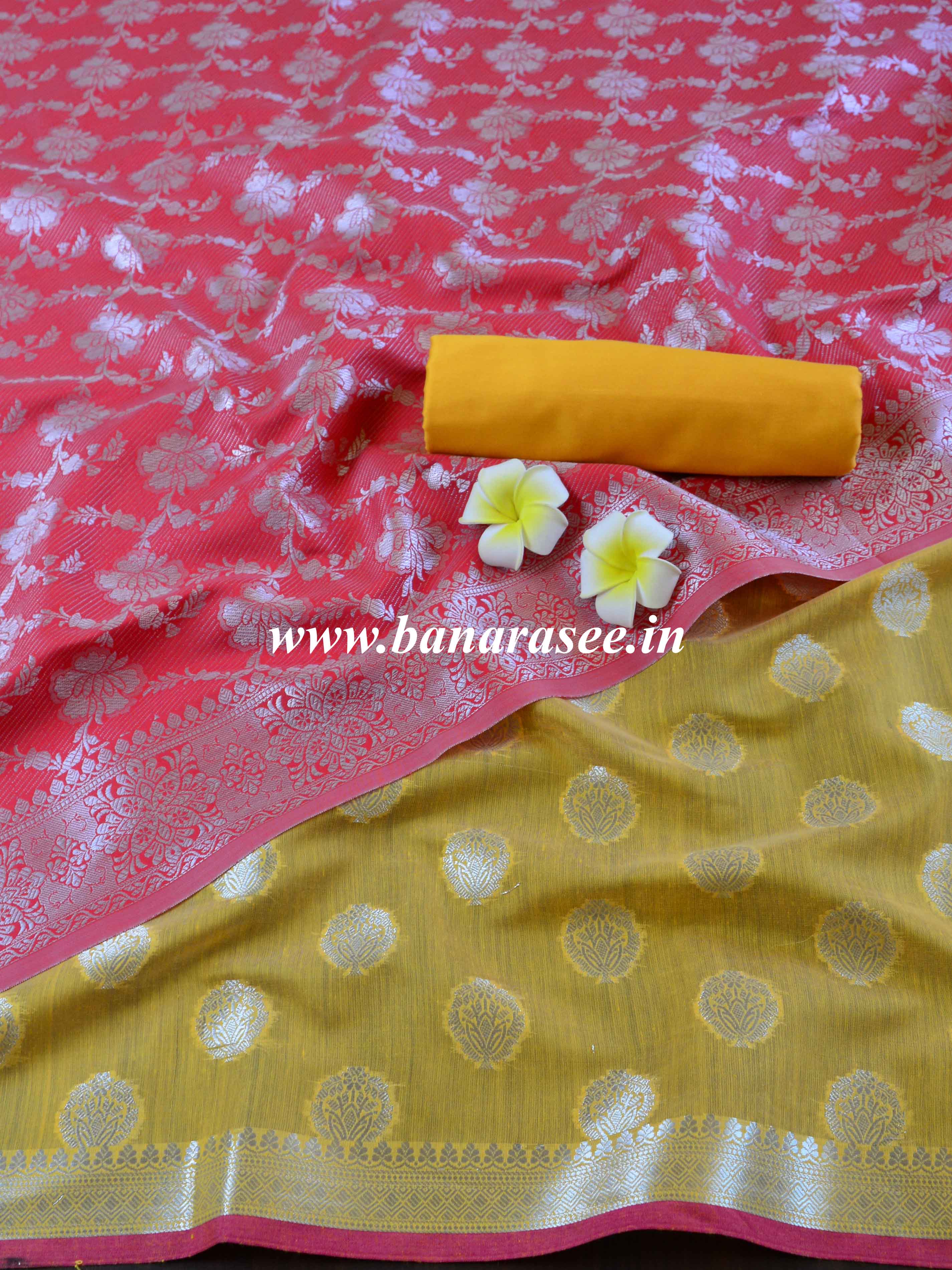 Banarasee Chanderi Salwar Kameez Fabric & Dupatta With Silver Zari-Yellow & Red