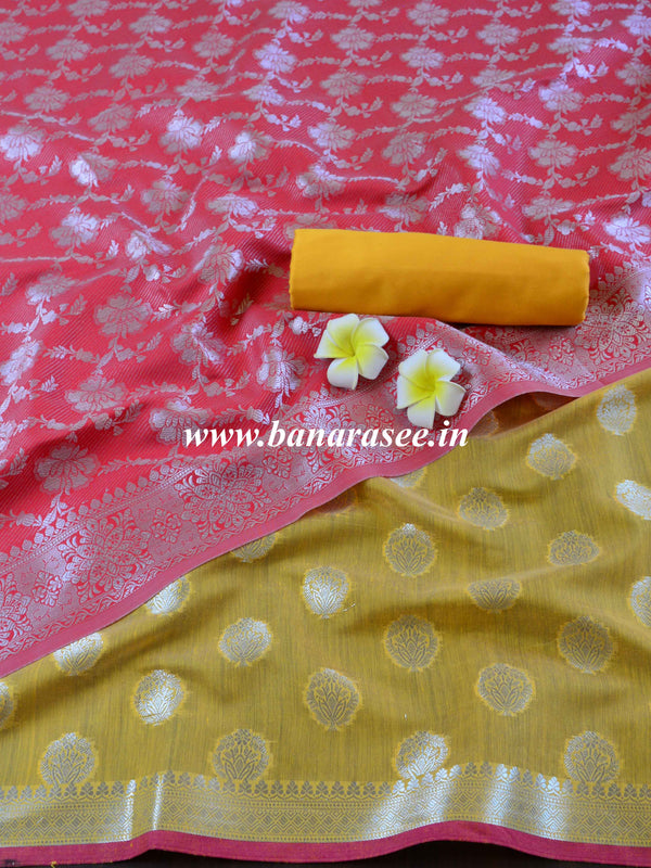 Banarasee Chanderi Salwar Kameez Fabric & Dupatta With Silver Zari-Yellow & Red