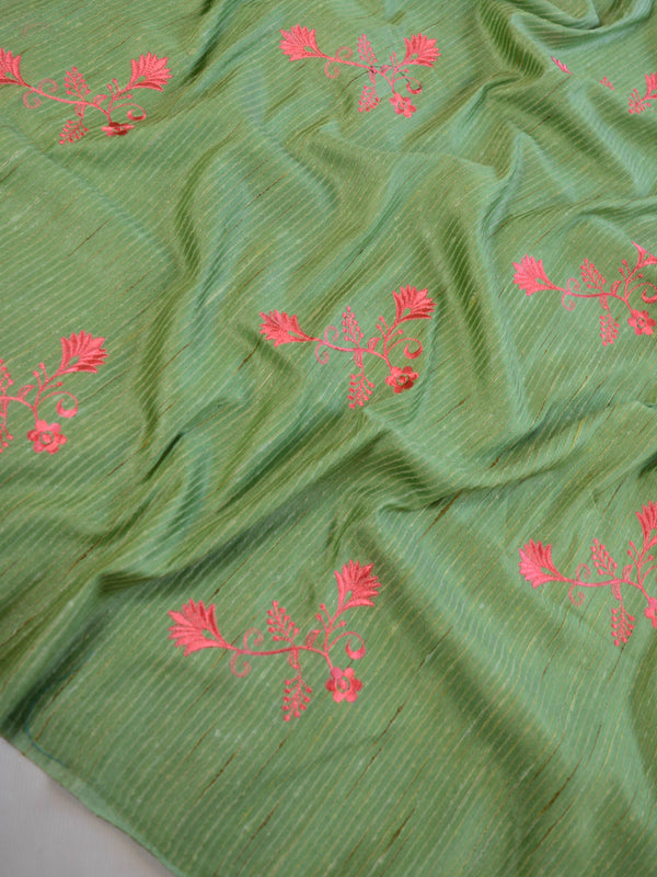 Bhagalpur Handloom Art Silk Embroidery Work Saree-Green & Peach