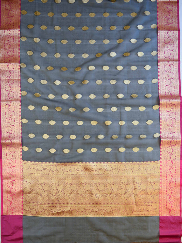 Banarasee Cotton Silk Mix Saree With Zari Buta & Floral Border-Black