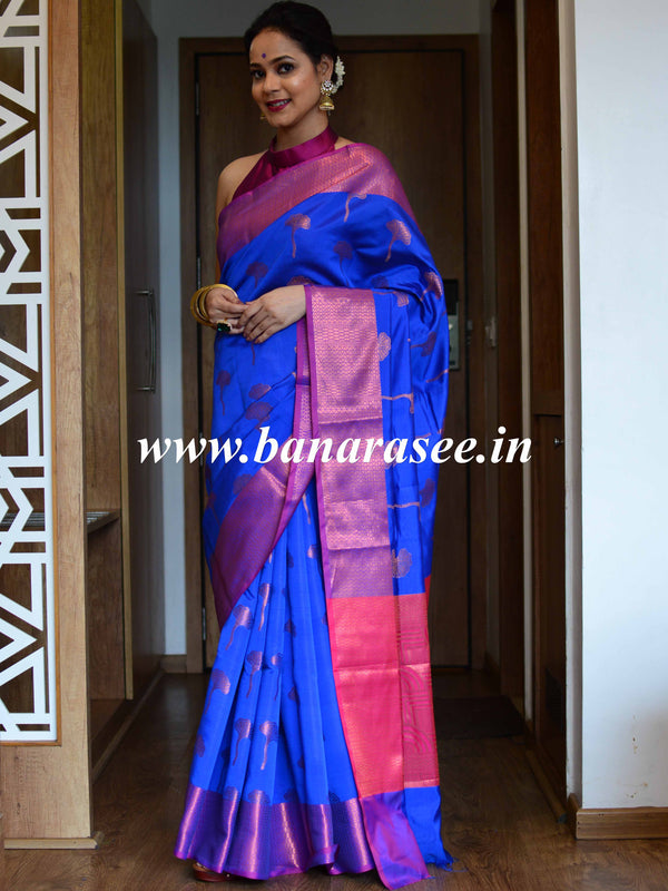 Banarasee Art Silk Saree With Buta Design & Contrast Broad Border-Blue