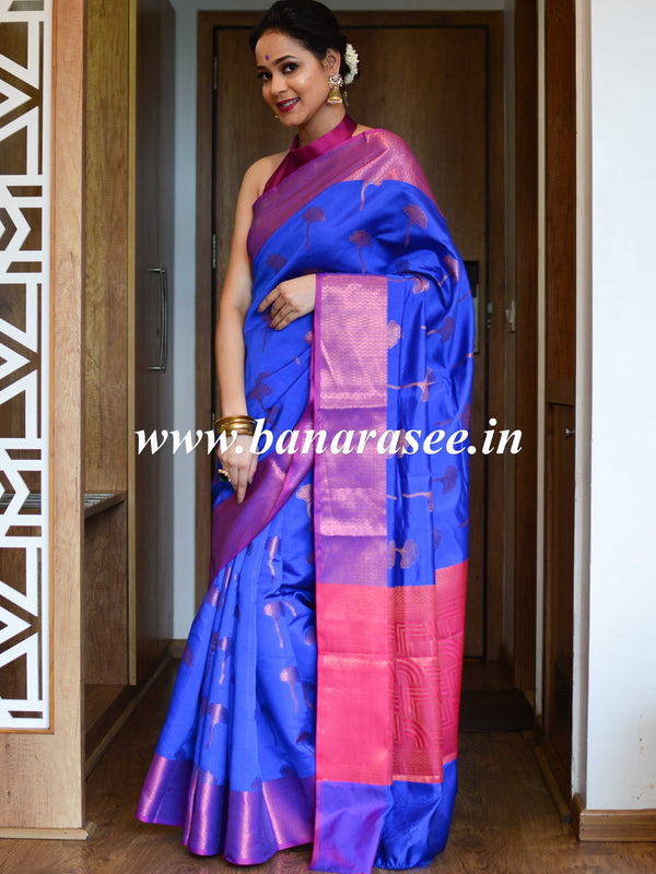 Banarasee Art Silk Saree With Buta Design & Contrast Broad Border-Blue