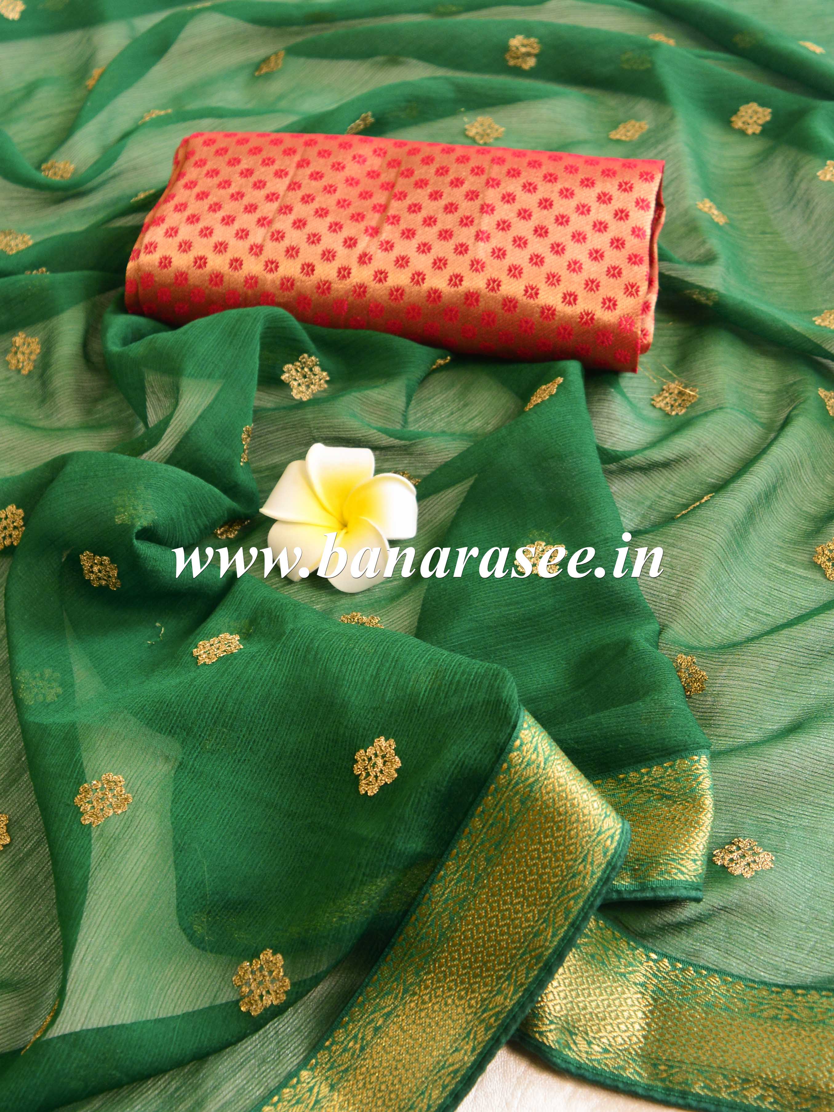 Banarasee Pure Chiffon Saree With Embroidery Work & Banarasee Border-Deep Green