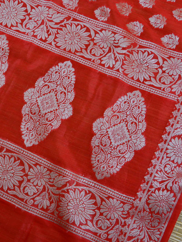 Banarasee Salwar Kameez Glossy Cotton Silk Silver Woven Buti Fabric-Yellow & Red
