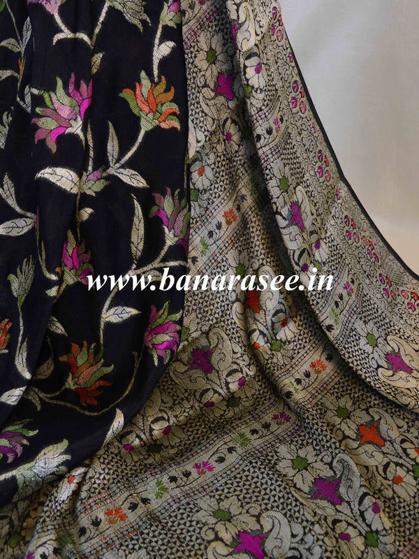 Banarasee Pure Chiffon Saree With Zari & Resham Work-Black