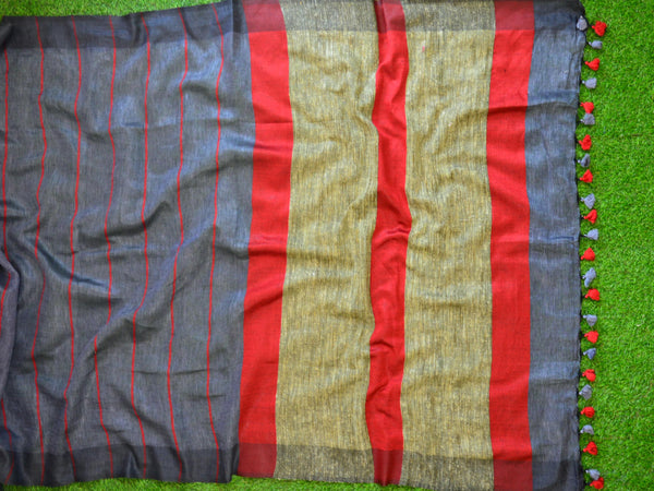 Bhagalpuri Handloom Pure Linen Ghichha Pallu Red Stripes Saree-Grey