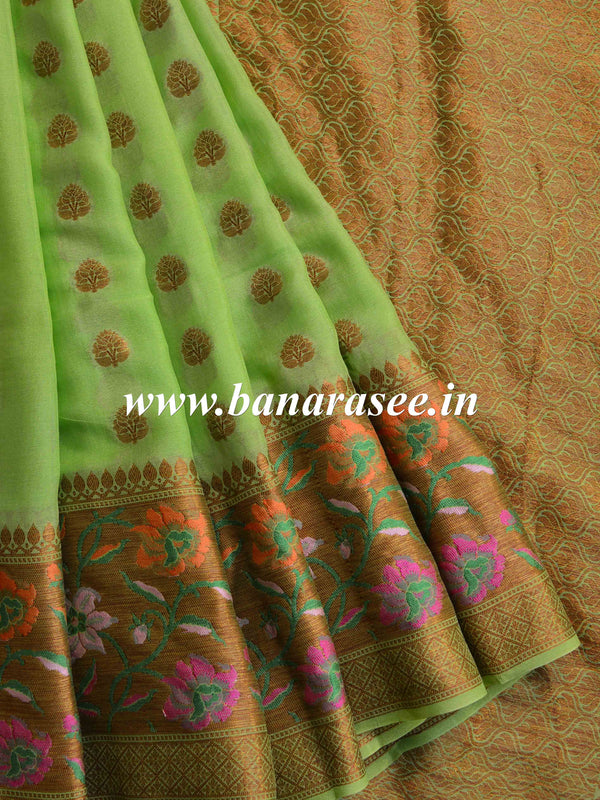 Banarasee Pure Chiffon Saree With Antique Gold Zari & Resham Jaal Border-Green