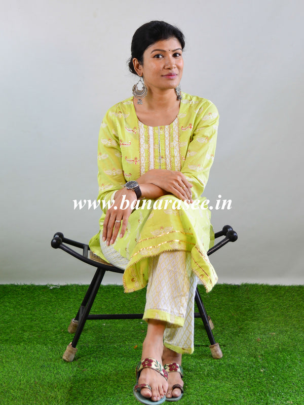 Handblock Printed Kurta & Pant Set With GotaPatti Work-Lime Green