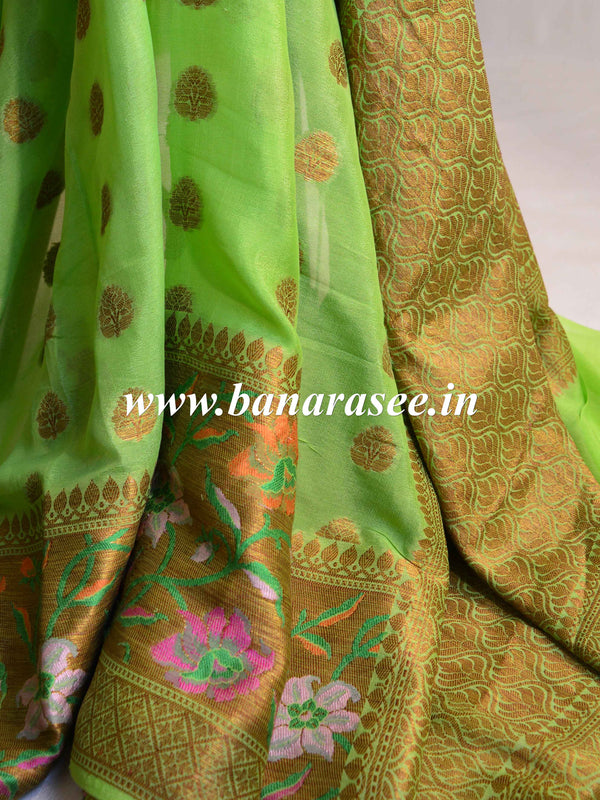 Banarasee Pure Chiffon Saree With Antique Gold Zari & Resham Jaal Border-Green
