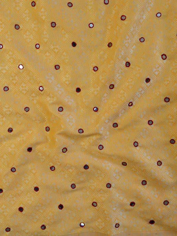 Banarasee Brocade Salwar Kameez Fabric With Mirror Work-Beige & Red