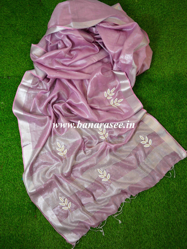 Banarasee Handloom Pure Linen By Tissue Saree With Pearl Embroidery-Onion Pink