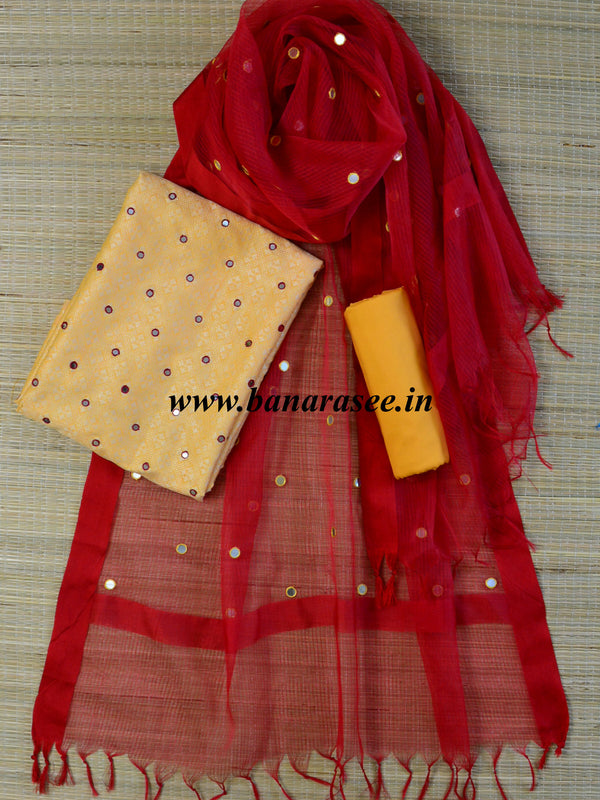 Banarasee Brocade Salwar Kameez Fabric With Mirror Work-Beige & Red