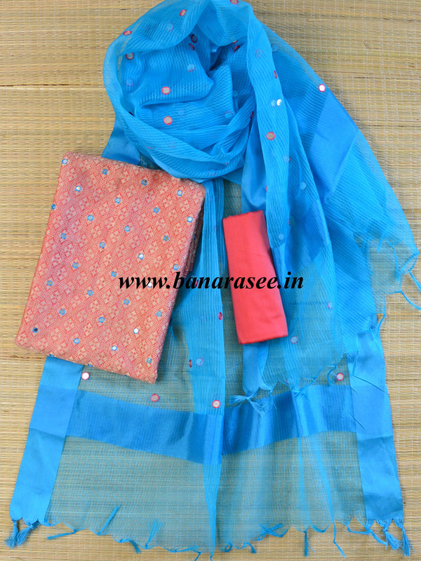 Banarasee Brocade Salwar Kameez Fabric With Mirror Work-Pink & Blue