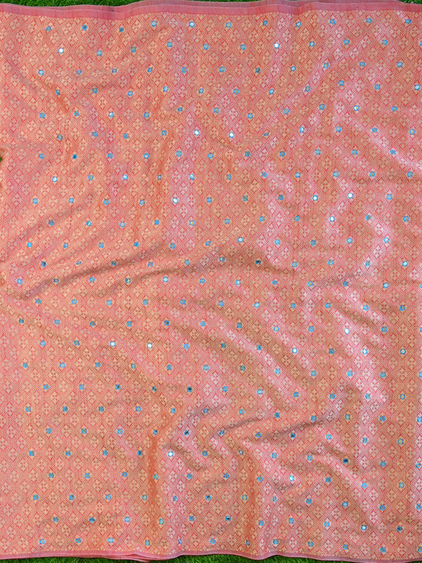 Banarasee Brocade Salwar Kameez Fabric With Mirror Work-Pink & Blue