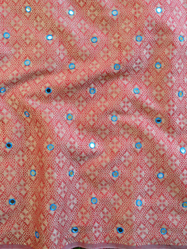 Banarasee Brocade Salwar Kameez Fabric With Mirror Work-Pink & Blue
