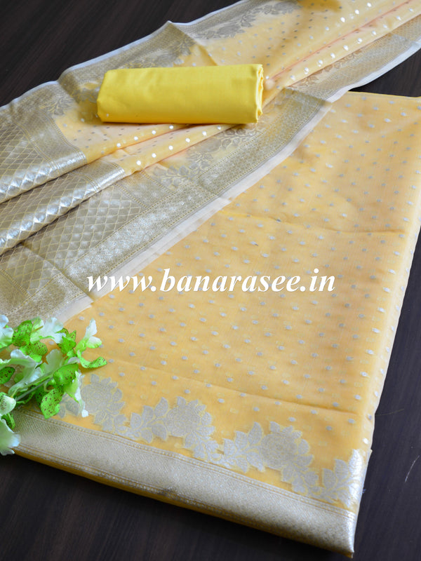 Banarasee Organza Silver Zari Salwar Kameez Fabric With Dupatta-Yellow