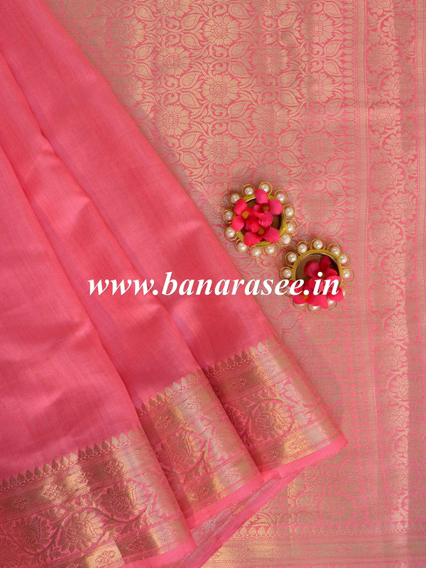 Banarasee Handloom Pure Chiniya Silk Saree With Zari Border Work-Rose Pink